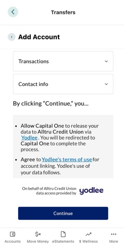 Mobile Banking connect Capital One account screen bottom half