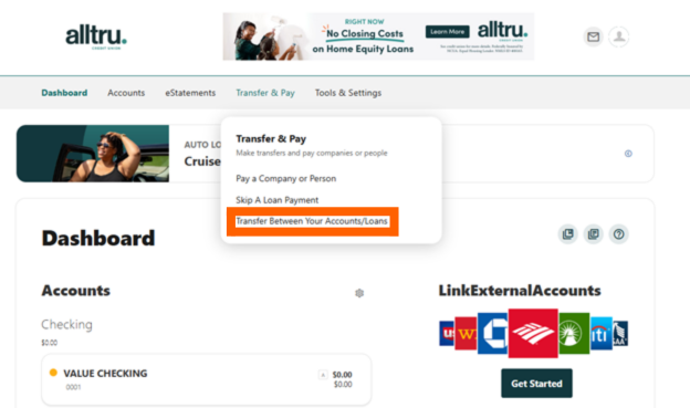 Online Banking screenshot with an orange box around Transfer Between Your Accounts//Loans