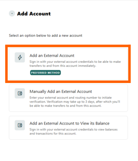 Online banking screenshot of adding an external account with the button in an orange box