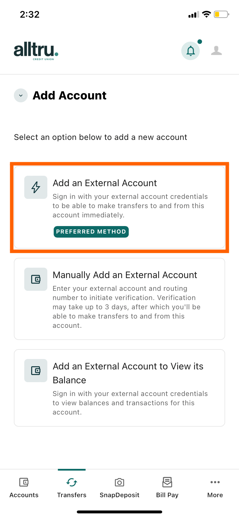 Mobile Banking add an external account option in an orange box