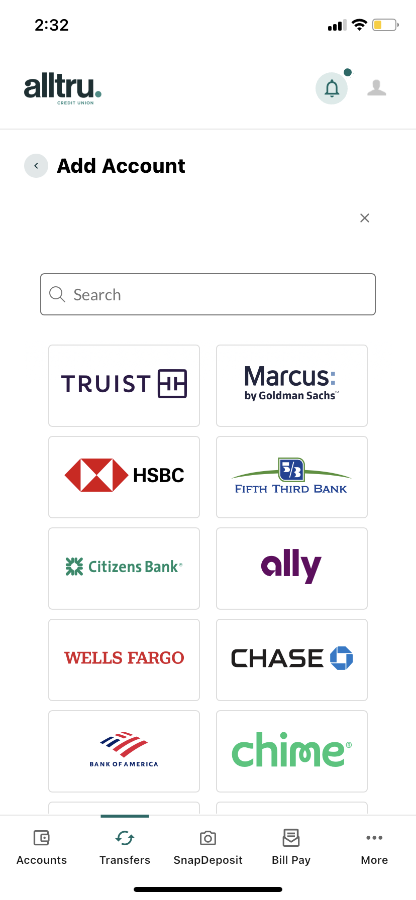 Mobile Banking connect an external account options