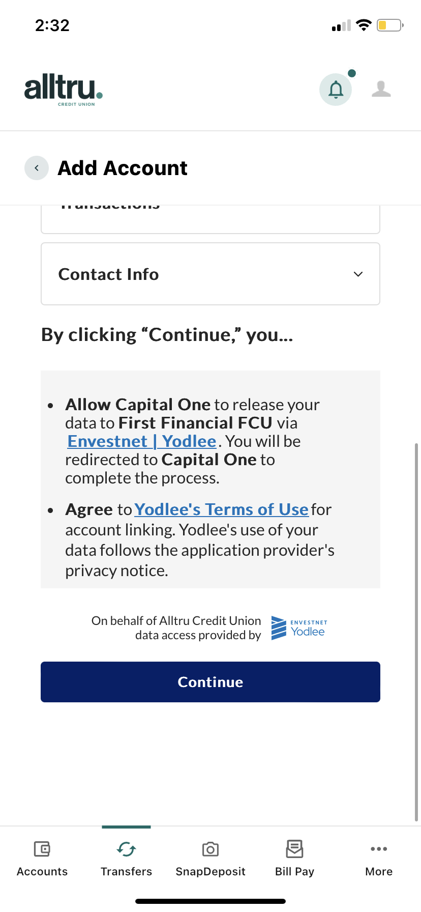 Mobile Banking connect Capital One account screen