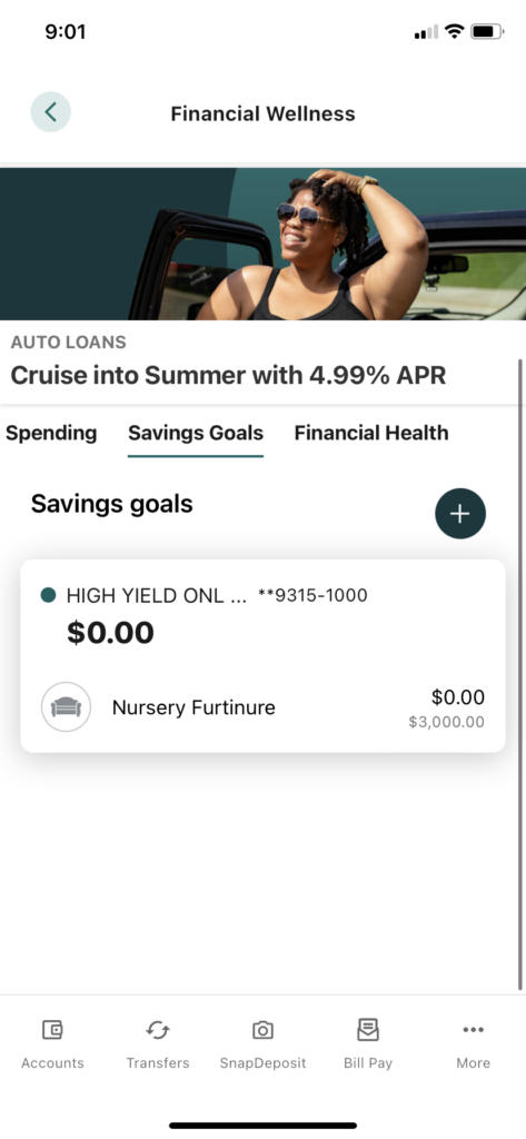 Mobile Banking screenshot of a completed savingsn goal