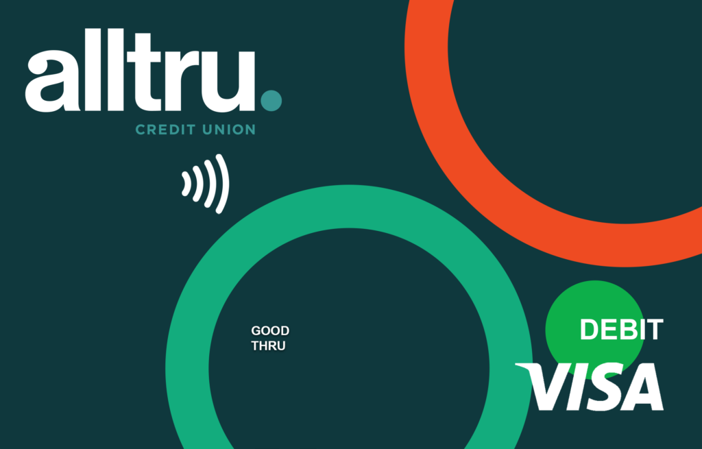 Alltru tap to pay teal with dots and swirl Visa debit card