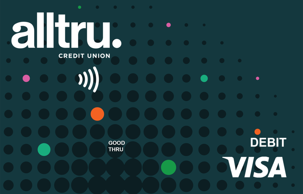 Alltru tap to pay teal with dots Visa debit card