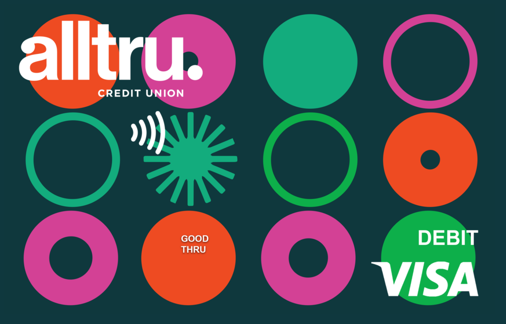 Alltru tap to pay teal with dots and circle icons Visa debit card