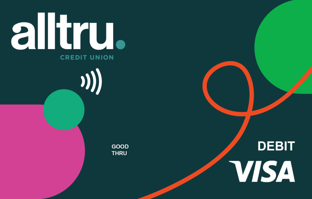 Alltru tap to pay teal with dots and swirl Visa debit card