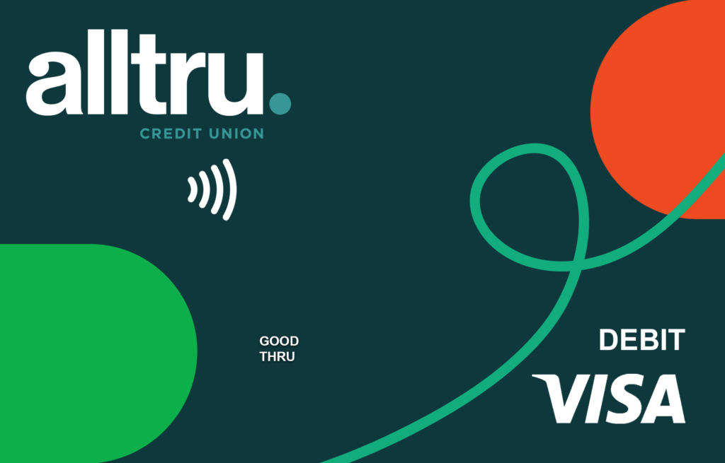 Alltru tap to pay teal with dots and swirl Visa debit card