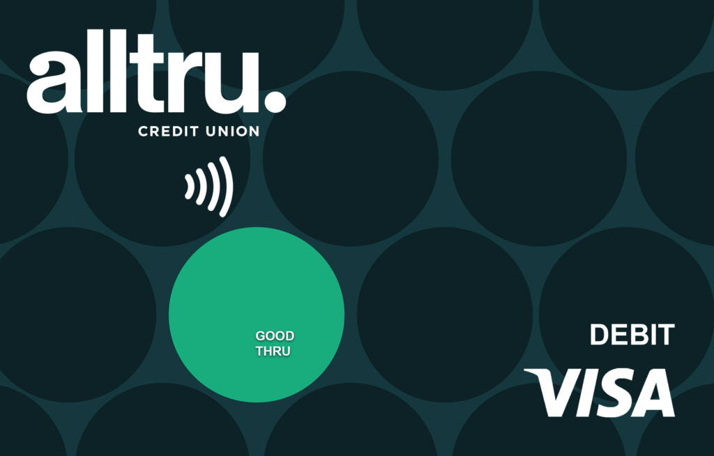 Alltru tap to pay teal with green dot Visa debit card