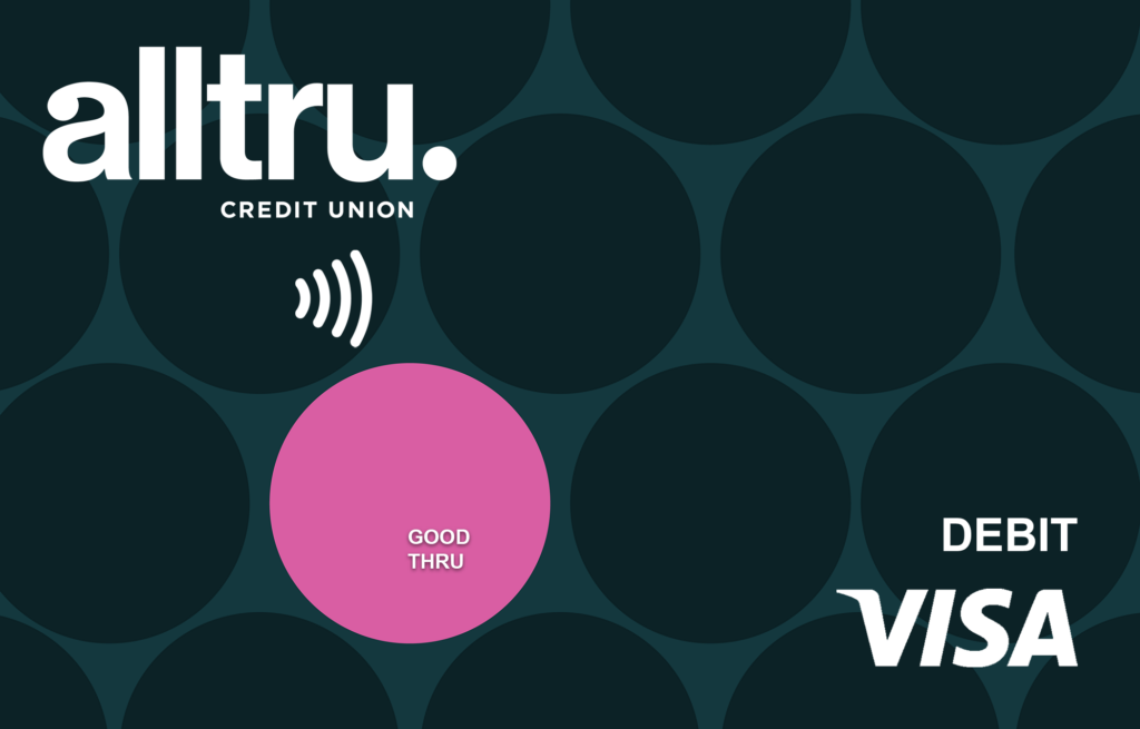 Alltru tap to pay teal with pink dot Visa debit card