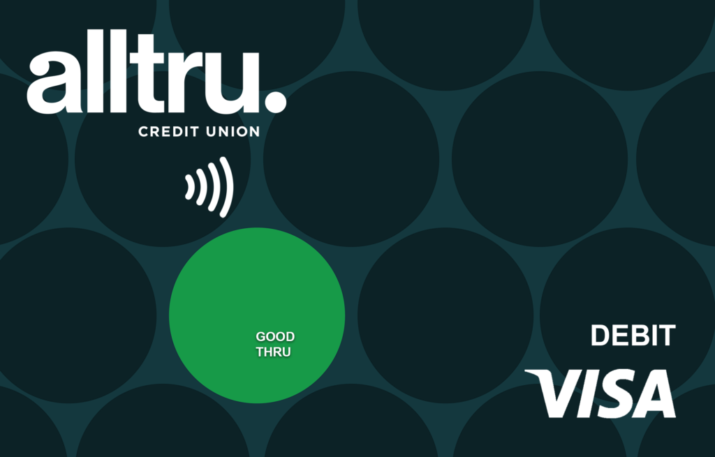 Alltru tap to pay teal with green dot Visa debit card