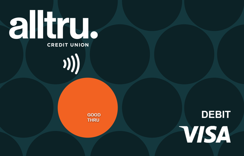 Alltru tap to pay teal with orange dot Visa debit card