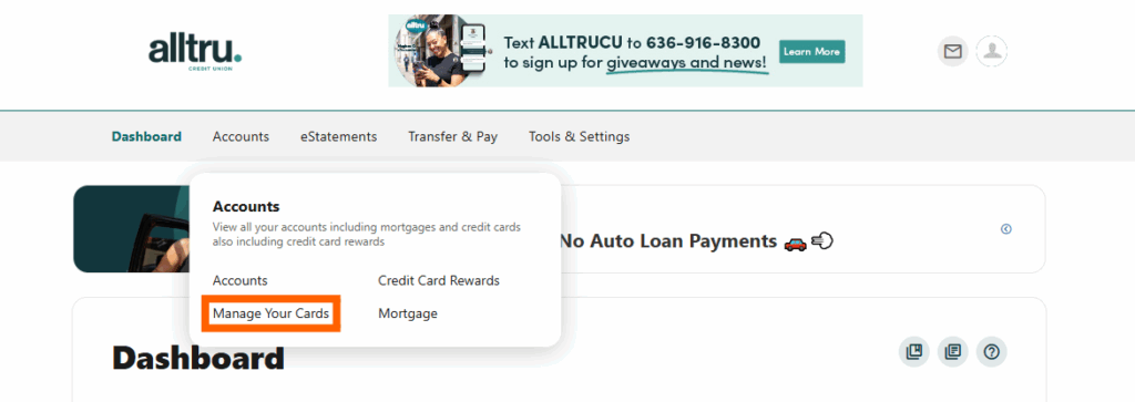 Online banking screenshot with manage your cards in an orange box