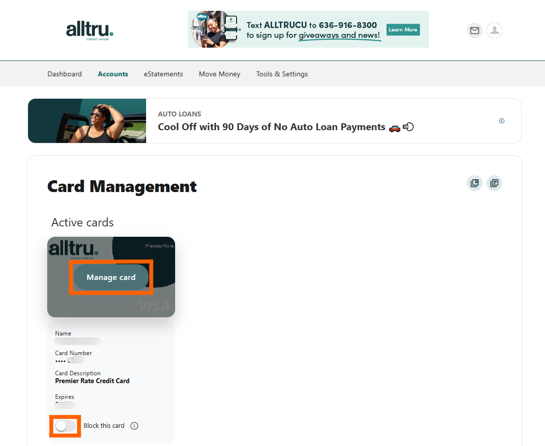 Online banking screenshot with manage card button and block this card toggle turned off an in orange boxes