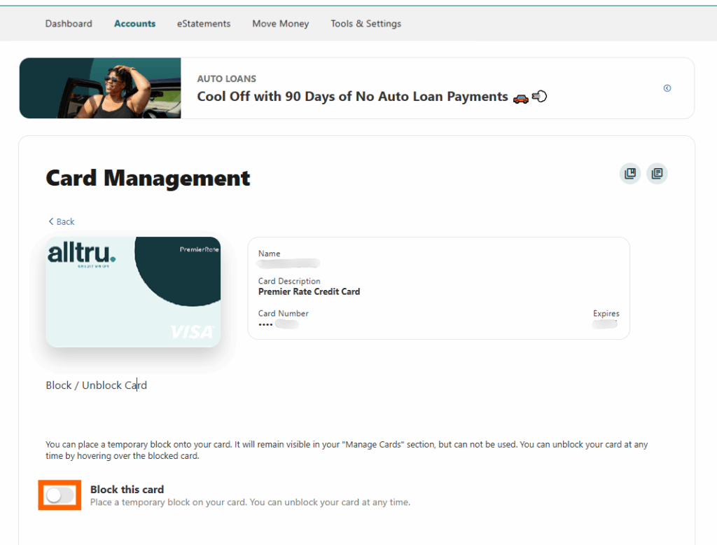 Online banking screenshot of card management with an orange circle over the toggle for block this card