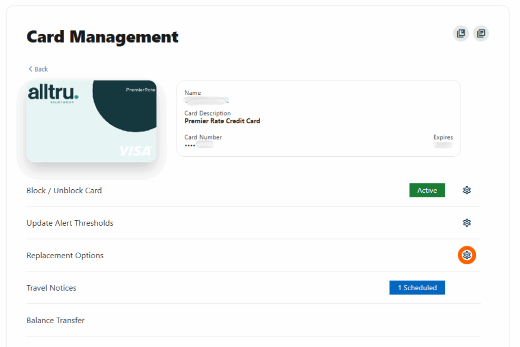 Online banking screenshot of card management with an orange circle over the settings icon for replacement options