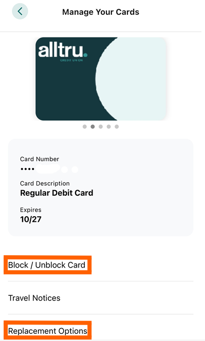 Mobile banking screenshot of manage your cards with block/unblock card and replacement options in orange boxes