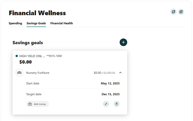 How to Set Up a Savings Goal | Alltru Credit Union | St. Louis, MO Online Banking screenshot of a created goal with a start date of May 12 and an end date of December 15 for a goal of $3,000