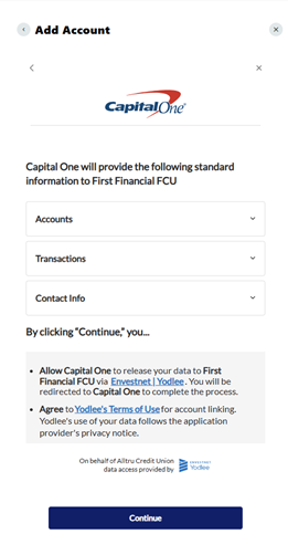Online Banking CapitalOne connection screen