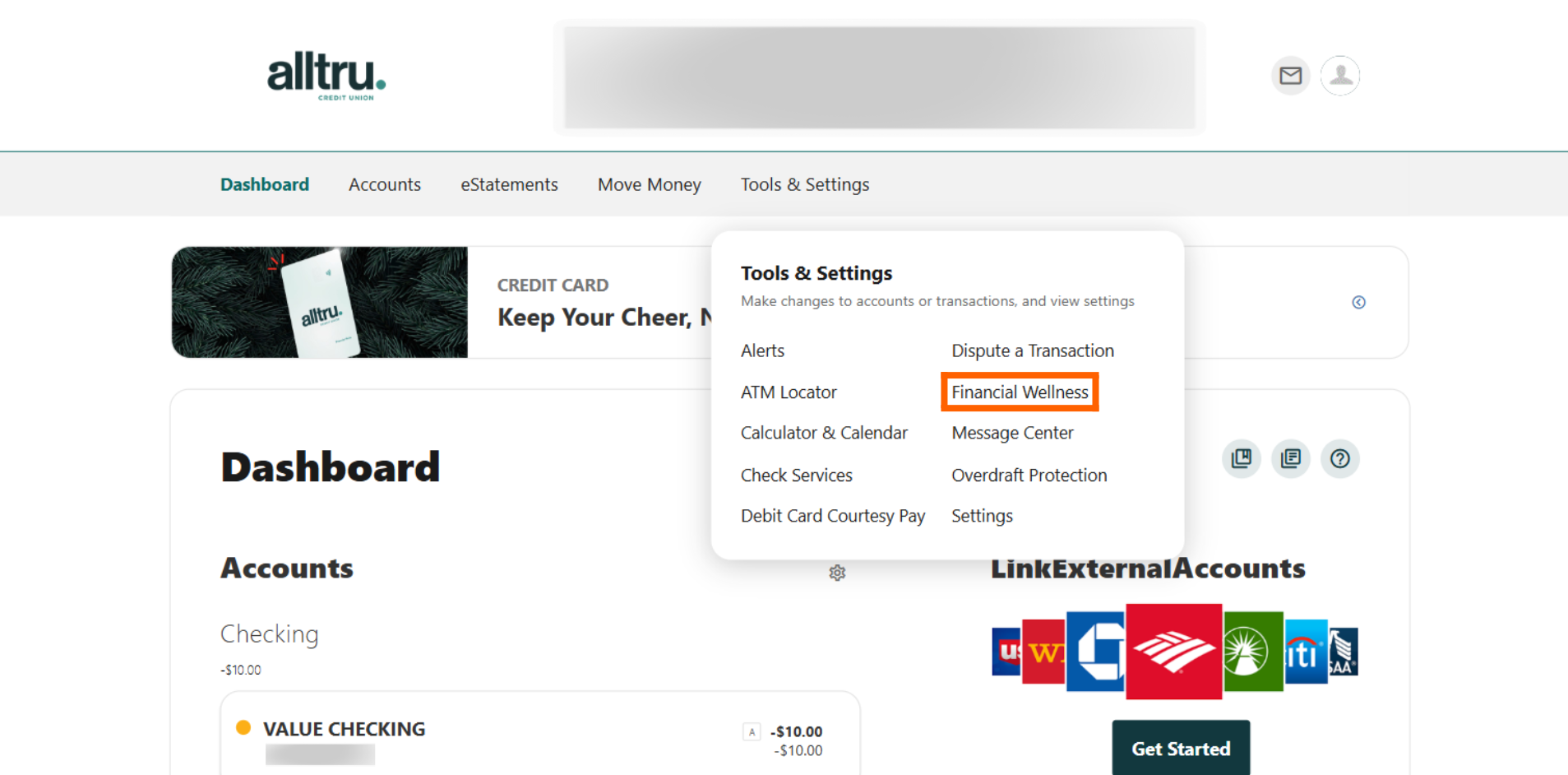Online Banking screenshot with Financial Wellness in an orange box