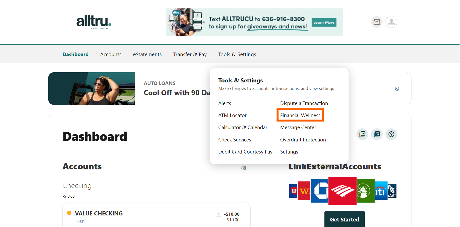 Online Banking screenshot with Financial Wellness in an orange box