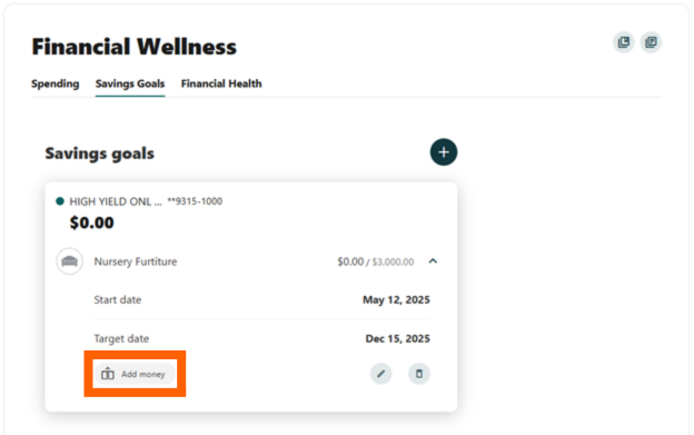 How to Set Up a Savings Goal | Alltru Credit Union | St. Louis, MO Online Banking screenshot of a savings goal with the Add money button in an orange box