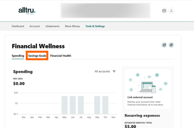 Online banking screenshot of the Financial Wellness page with the Savings Goals tab in an orange box
