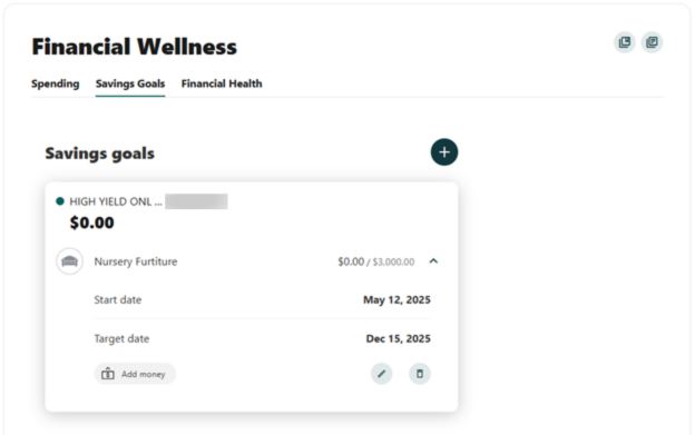 Online Banking screenshot of a created goal with a start date of May 12 and an end date of December 15 for a goal of $3,000