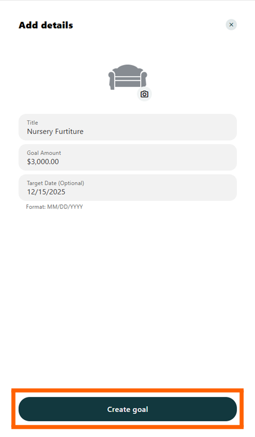 How to Set Up a Savings Goal | Alltru Credit Union | St. Louis, MO Online Banking screenshot of a savings goal details with the Create goal button in an orange box