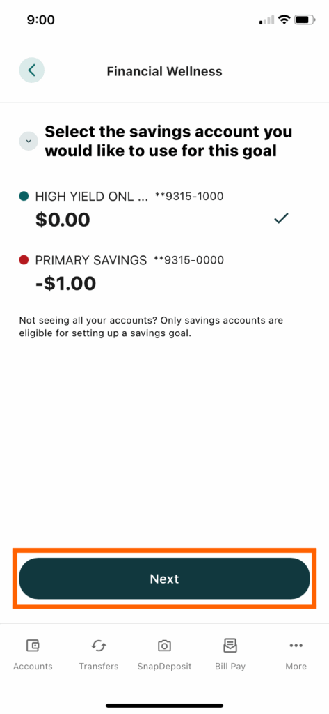 Mobile Banking screenshot of the selected savings account checked and the Next button in an orange box