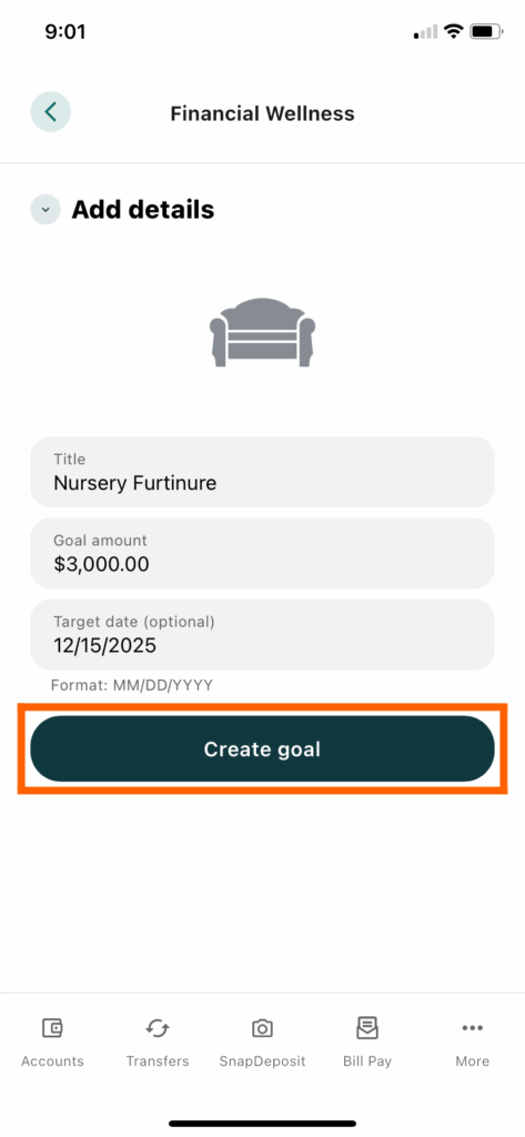 Mobile Banking screenshot with the details of a savings goal filled in and an orange box around the Create goal button