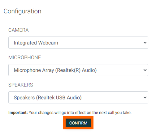 Video banking setup with configuration instructions including camera, microphone, and speaker options with orange box around Confirm button.