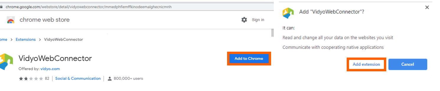 How to Use Video Banking | Alltru Credit Union | St. Louis, MO Vidyo plugin with orange box highlighting Add to Chrome button. Then, a pop-up box stating 'Add VidyoWebConnector?' with an orange box highlighting the Add Extension button.