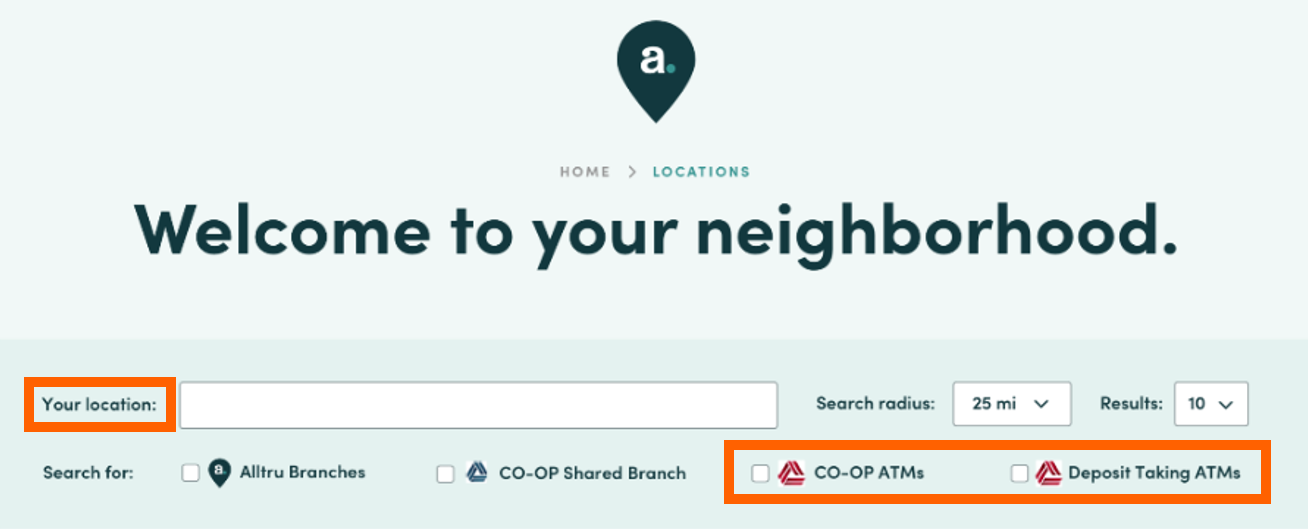 Website screenshot of Locations page with orange boxes highlighting 'Your Location' and 'CO-OP ATMs' and 'Deposit Taking ATMs'