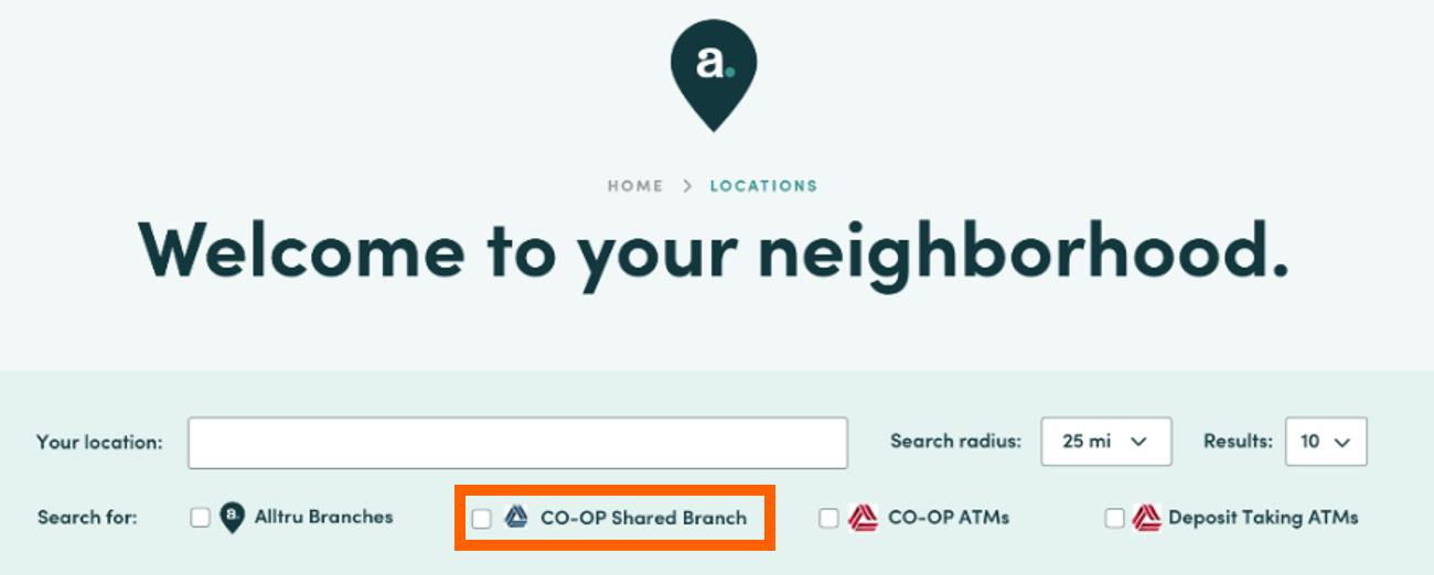 Website screenshot of Locations page with orange box highlighting 'CO-OP Shared Branch'