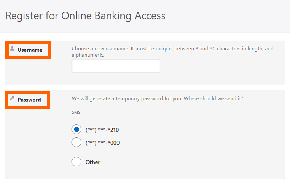 Online banking registration with orange boxes highlighting Username and Password