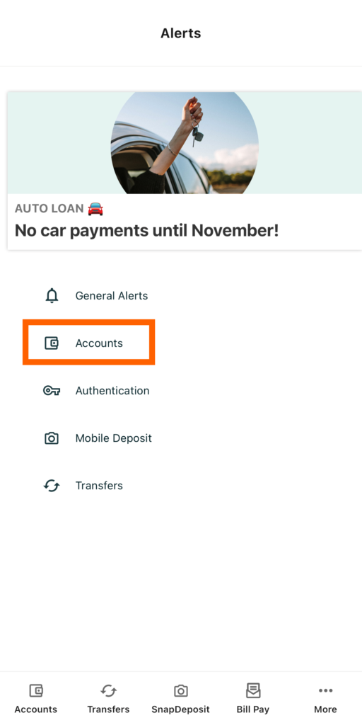Mobile banking screenshot of Alerts widget with an orange box highlighting Accounts