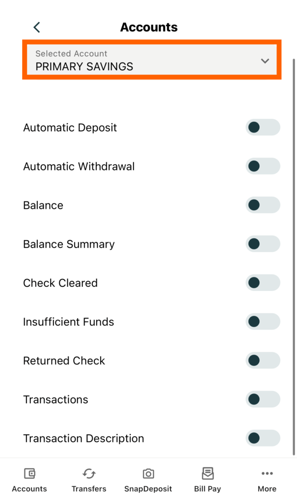 Mobile banking screenshot of the account alerts page