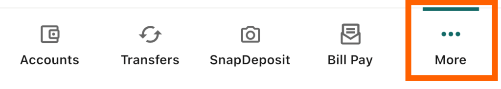 Mobile banking screenshot with an orange box highlighting the More option from the bottom menu