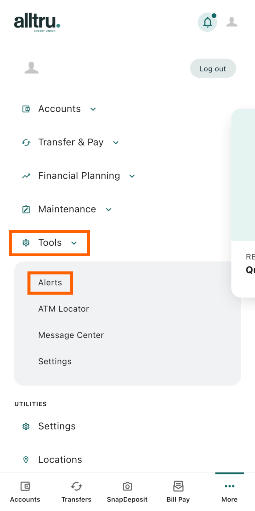 Mobile banking screenshot with an orange box highlighting the Alerts option under the Tools menu