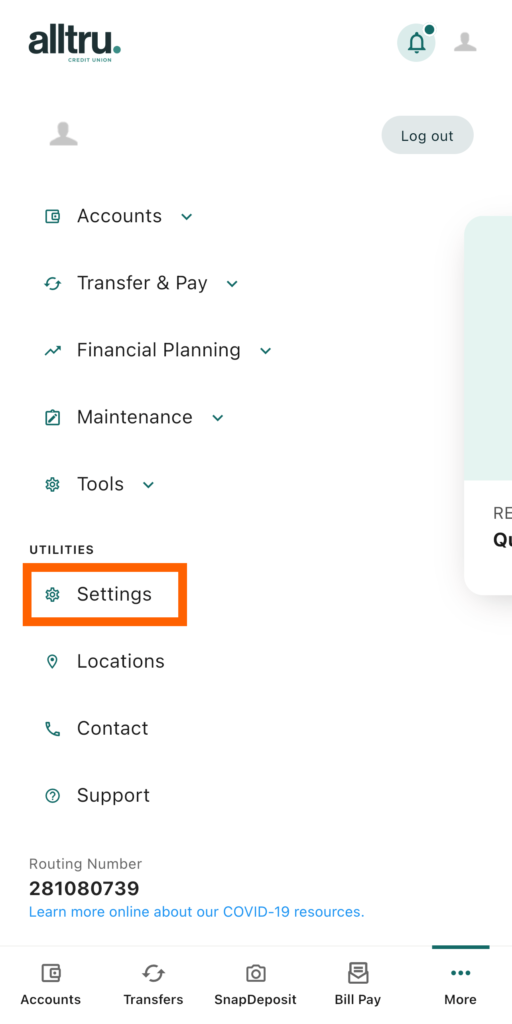 Mobile banking screenshot with an orange box highlighting the Settings option under the Utilities menu
