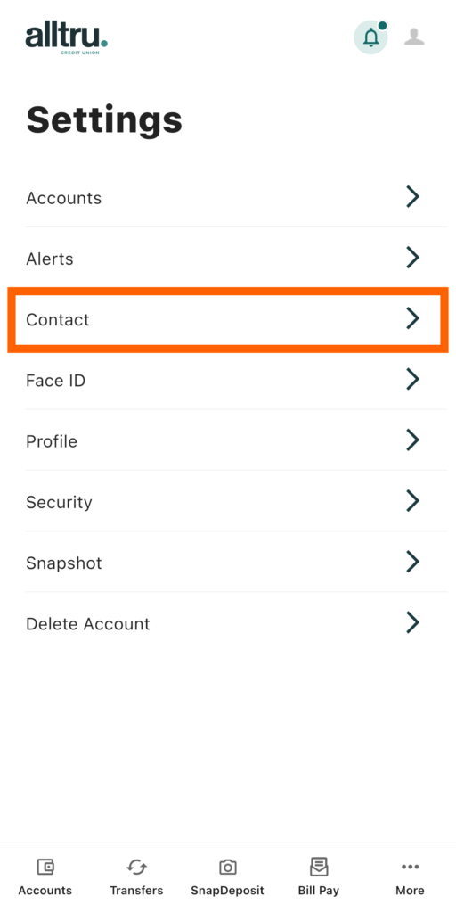Mobile banking screenshot with an orange box highlighting the Contact option under the Settings page
