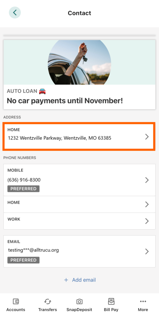 Mobile banking screenshot of Contact page with an orange box highlighting the Address information