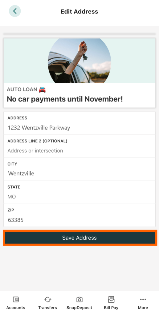 Mobile banking screenshot of Edit Address page with an orange box highlighting the Save Address button