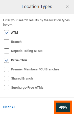 Online banking screenshot of ATM Locator tool underneath the Location Types filter. ATM and Drive-Thru are selected. Orange box highlighting the Apply button.