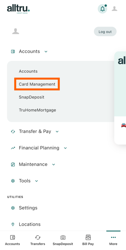 Mobile banking screenshot of More options with an orange box around the Card Management widget