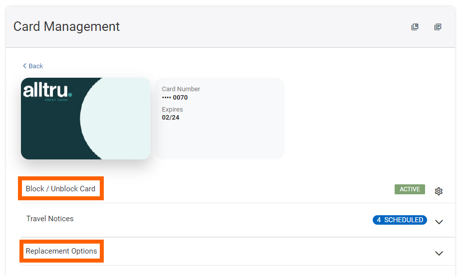 Online banking screenshot of card management page with an orange box around Block/Unblock Card option and around Replacement Options