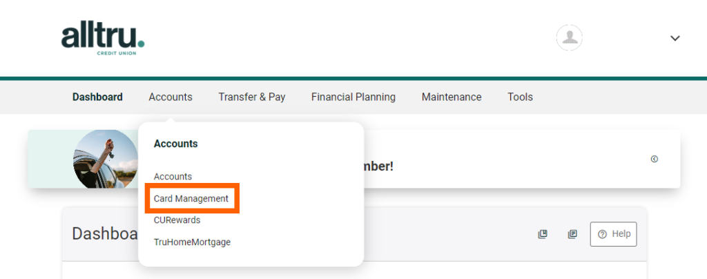 Online banking screenshot of Dashboard page with an orange box highlighting the Card Management tool under the Accounts menu