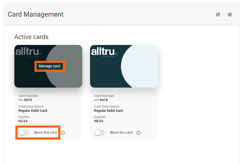 Online banking screenshot of card management page with an orange box around Block this card slider and around Manage card button