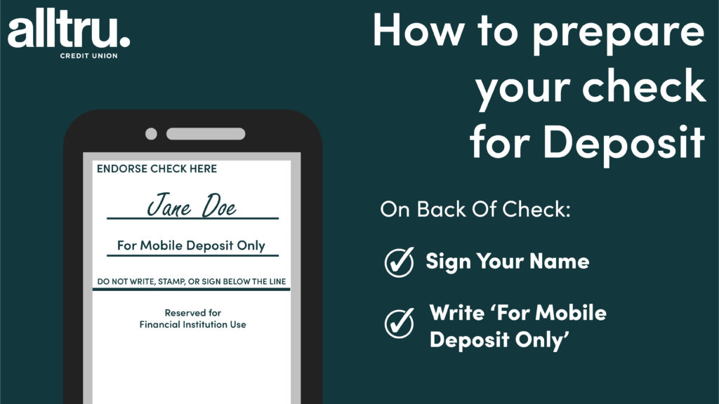 Infographic showing how to prepare your check for deposit: On the back of check, Sign Your Name and Write 'For Mobile Deposit Only' above the line.